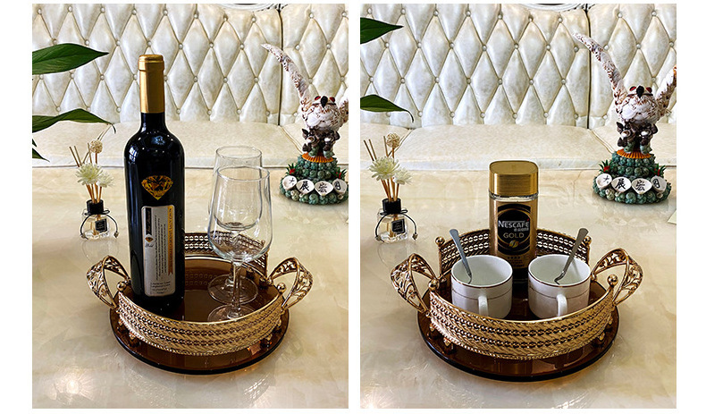 Luxury high-grade light luxury metal glass coffee storage French wine cup tray European household fruit plate