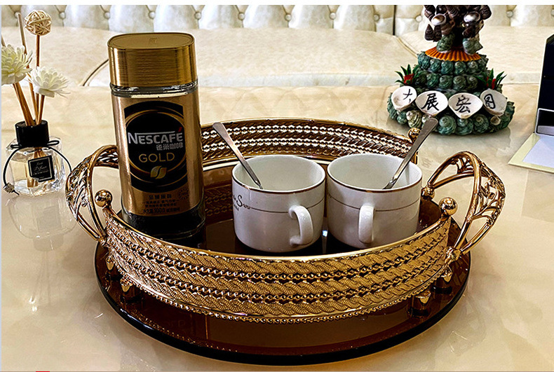 Luxury high-grade light luxury metal glass coffee storage French wine cup tray European household fruit plate