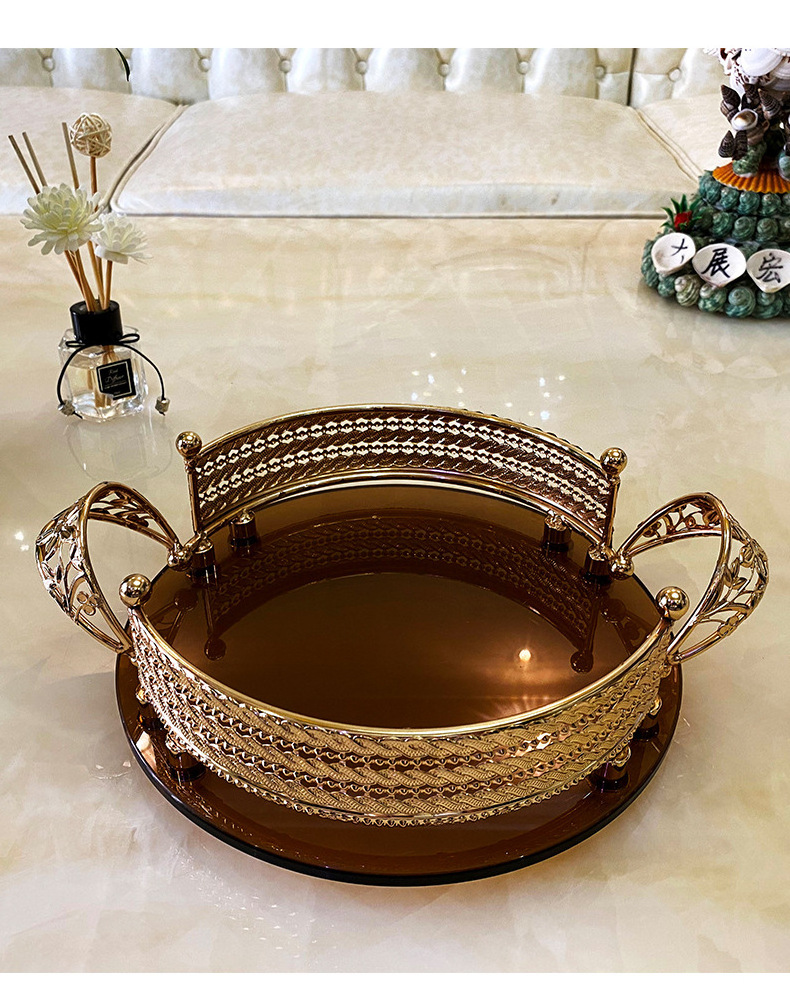 Luxury high-grade light luxury metal glass coffee storage French wine cup tray European household fruit plate