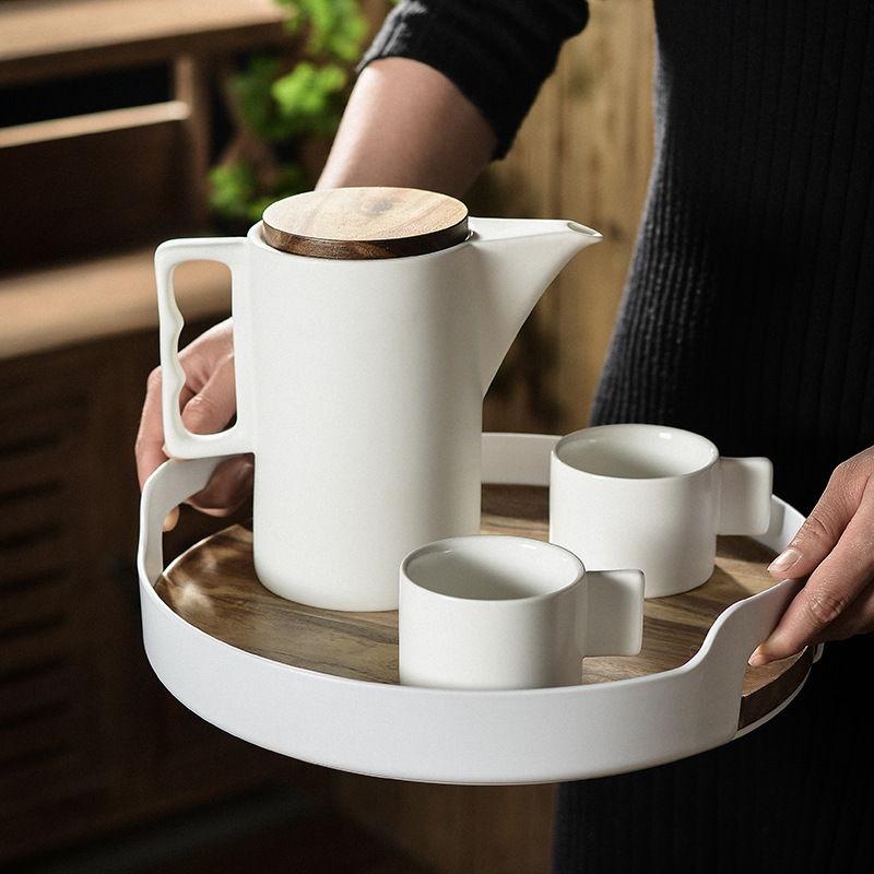 drop shipping Nordic Ceramic water set simple 1 liter ceramic coffee tea cup household porcelain kettle wooden tray 4 jug kettle