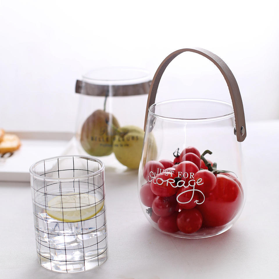 Nordic wind large large capacity simple atmosphere leather handle glass storage jar creative home glass vase