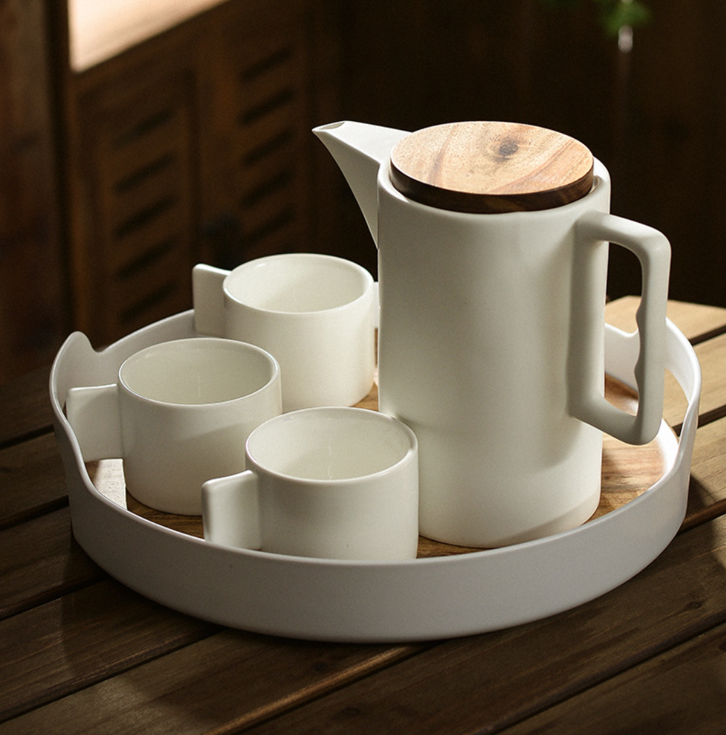 drop shipping Nordic Ceramic water set simple 1 liter ceramic coffee tea cup household porcelain kettle wooden tray 4 jug kettle