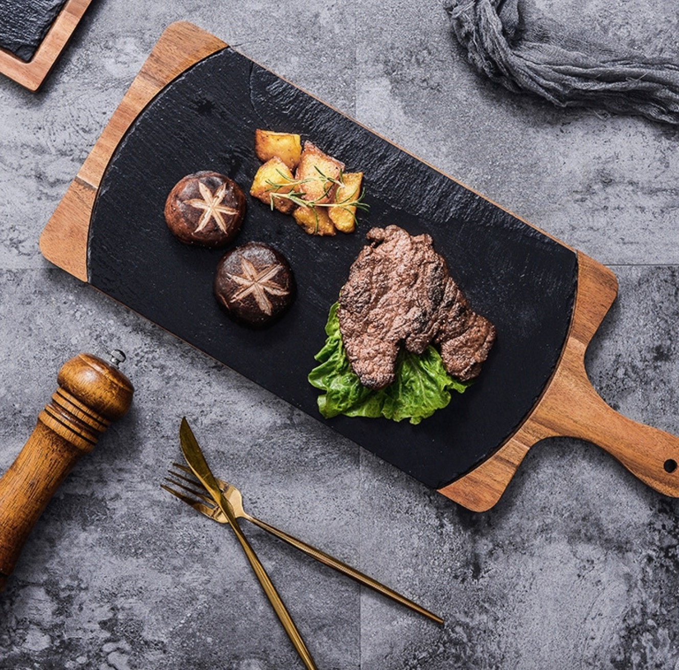 European Western Cuisine Modern Menu Dinner Wooden Board Black Slate Steak Sushi Serving Cheese Wooden Serving Tray