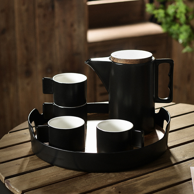 drop shipping Nordic Ceramic water set simple 1 liter ceramic coffee tea cup household porcelain kettle wooden tray 4 jug kettle