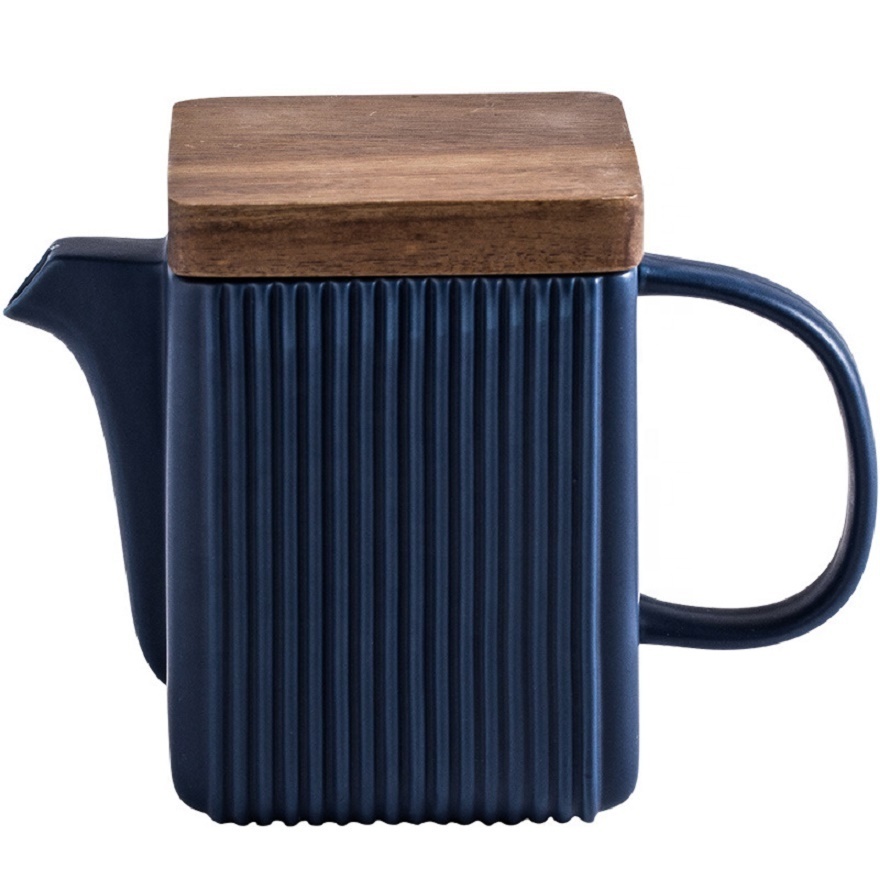 Nordic White Square Straight Grain Acacia Wood Cover Nordic Afternoon Tea Creative Ceramic Teapot Set Drop Electric Coffee