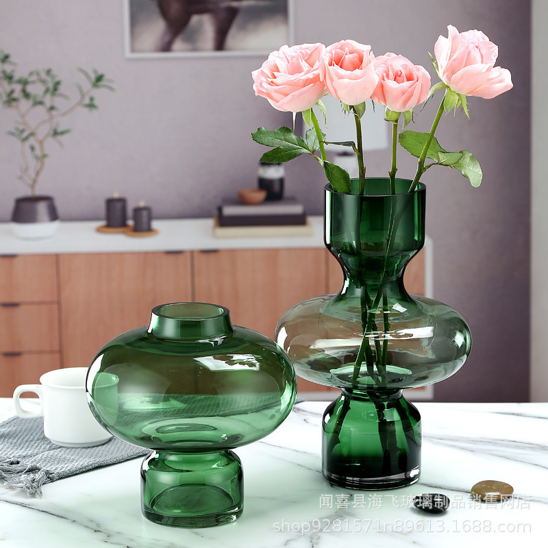 Nordic ins simple round gourd glass vase bottle transparent flower arrangement hydroponics green large colored glass vase