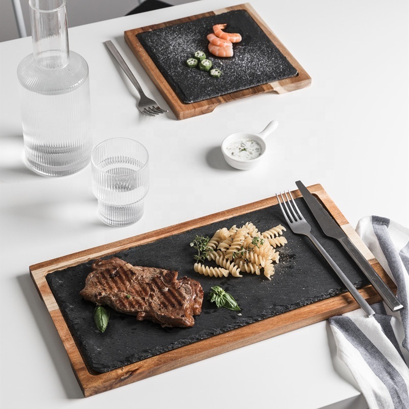 European Western Cuisine Modern Menu Dinner Wooden Board Black Slate Steak Sushi Serving Cheese Wooden Serving Tray