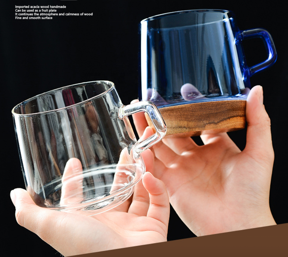 Nordic Creative Glass Cup, Juice Cup/Wine Glass/Water Cup and Tea Cup Wooden Bottom glass cup