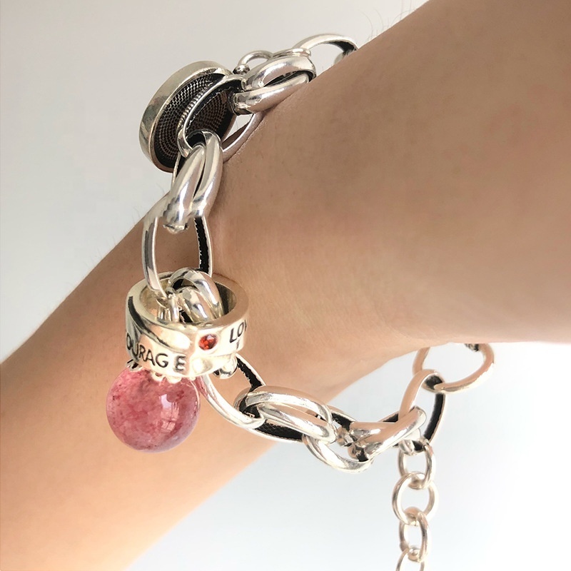 Sterling silver vintage strawberry crystal clock medallion fashion women's bracelet interlocking fashion temperament bracelet