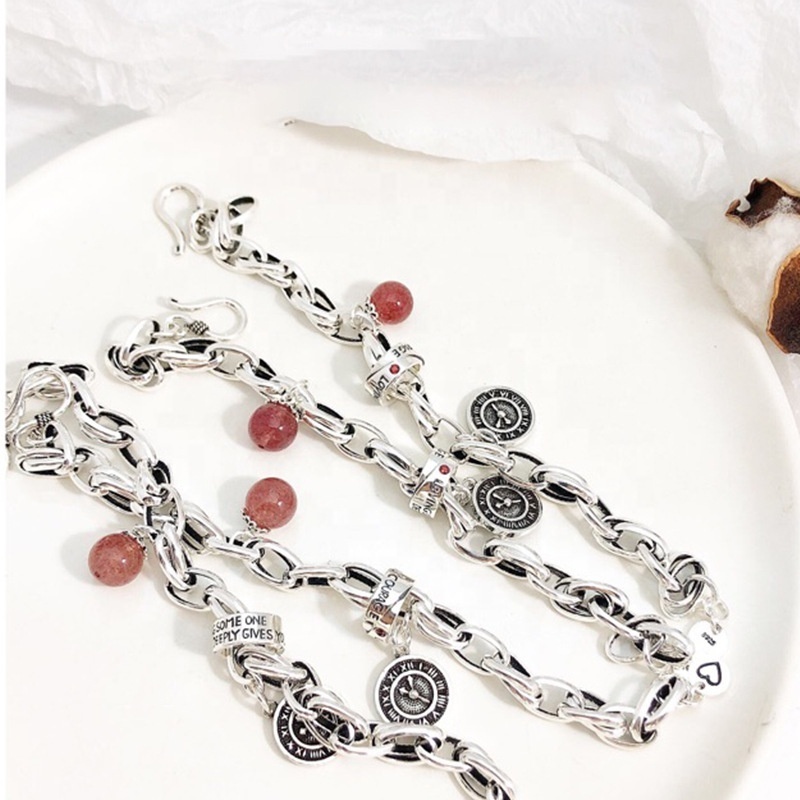 Sterling silver vintage strawberry crystal clock medallion fashion women's bracelet interlocking fashion temperament bracelet