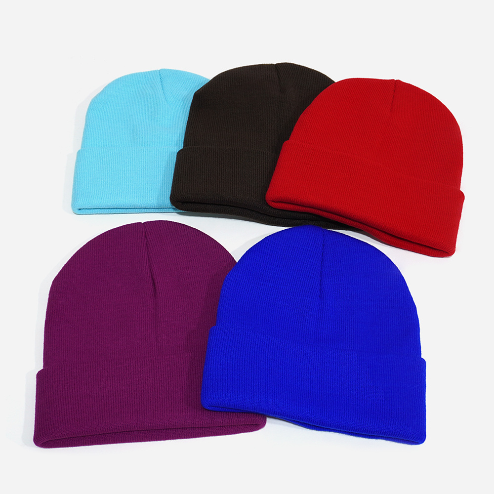 Wholesale Custom Knitted Hat RTS 70 Solid Color Beanie With Custom Logo Embroidery 100% Acrylic 85 Grams Blank Winter Hat