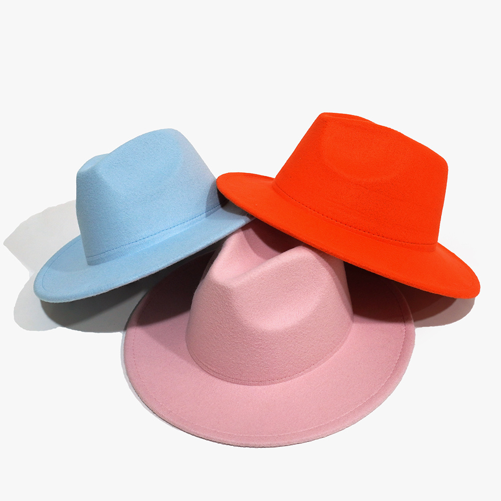 Wholesale Fashion Fedora Hat Cotton Polyester Classic Party Hat Flat Wide Brim 21 Solid Color Wool Felt Western Cowboy Hat OEM