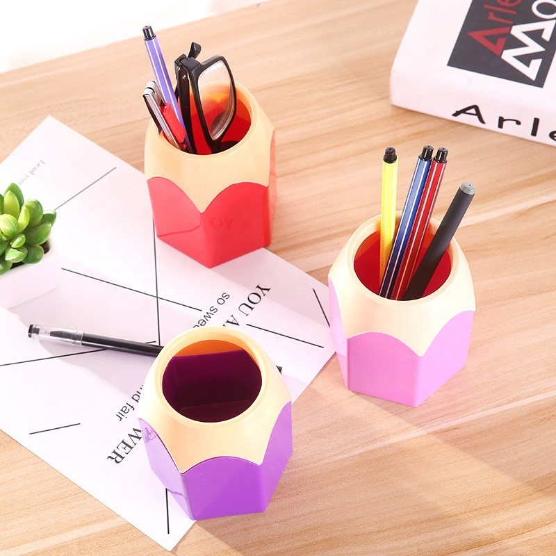 Plastic Pencil Shape Desktop Cute Children Desk Accessories Organizer Stand Container Pencil Pen Holder