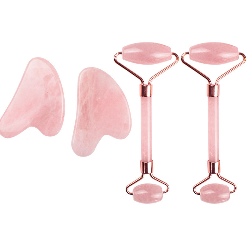 Beauty Green Pink Rose Quartz Crystal Stone Massager Gua Sha Set Facial Face Massage Rodillo De Jade Roller with Box