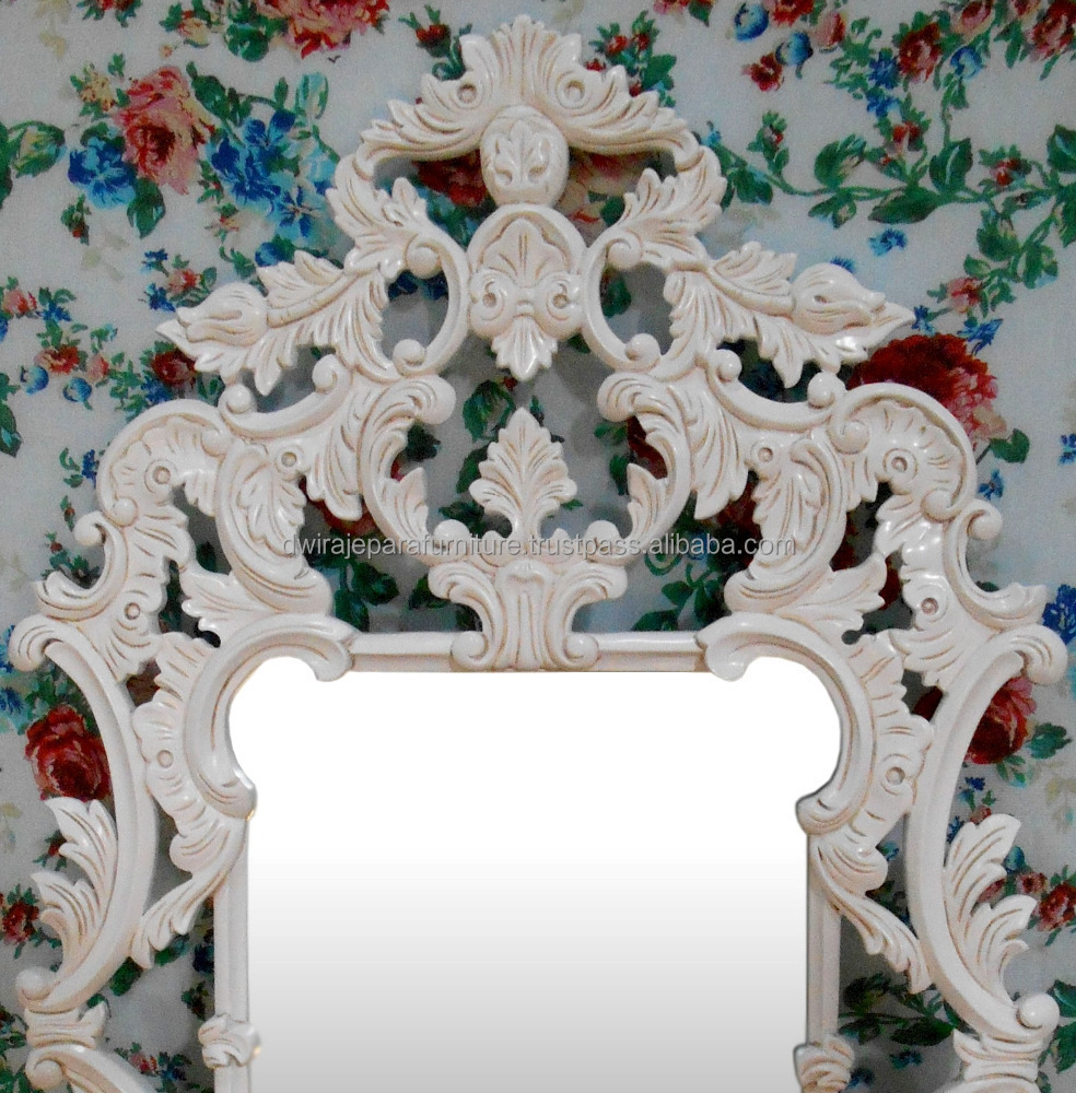 Indonesia Furniture - French Furniture White Painted Mahogany Wood Hand Carved Mirror Frame