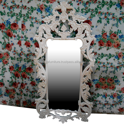 Indonesia Furniture - French Furniture White Painted Mahogany Wood Hand Carved Mirror Frame