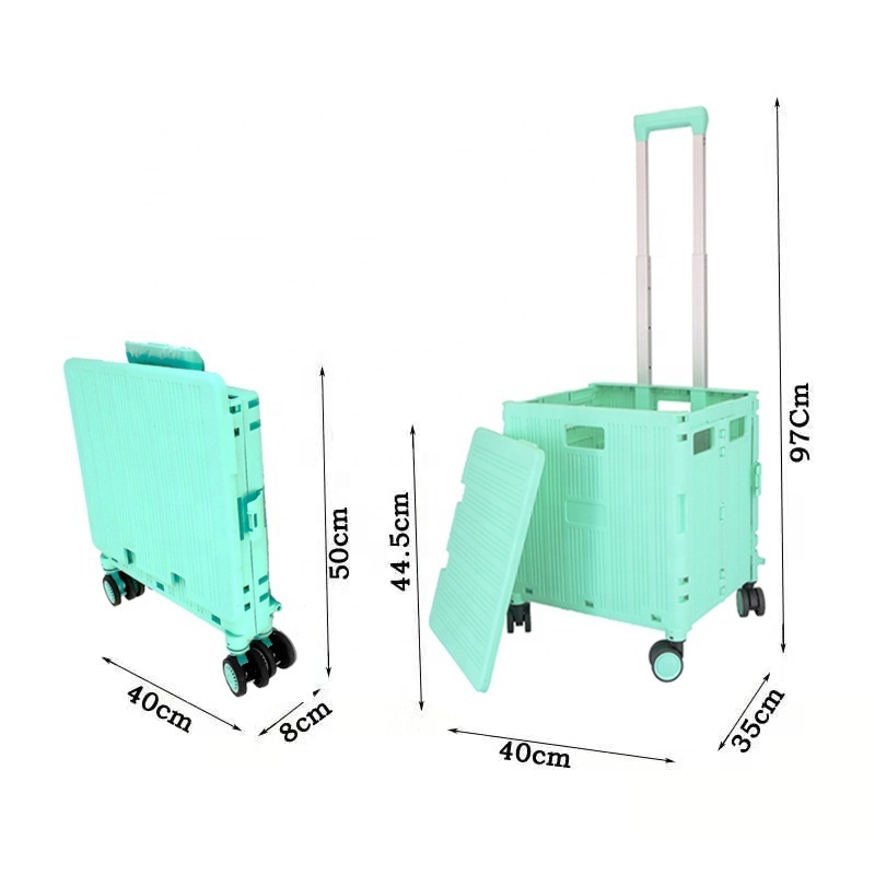 Foldable Utility Cart Folding Portable Rolling Crate Handcart with Durable Heavy Duty Plastic Telescoping Handle