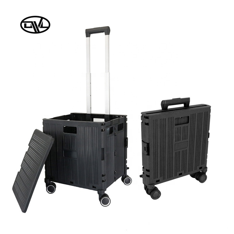 Foldable Utility Cart Folding Portable Rolling Crate Handcart with Durable Heavy Duty Plastic Telescoping Handle