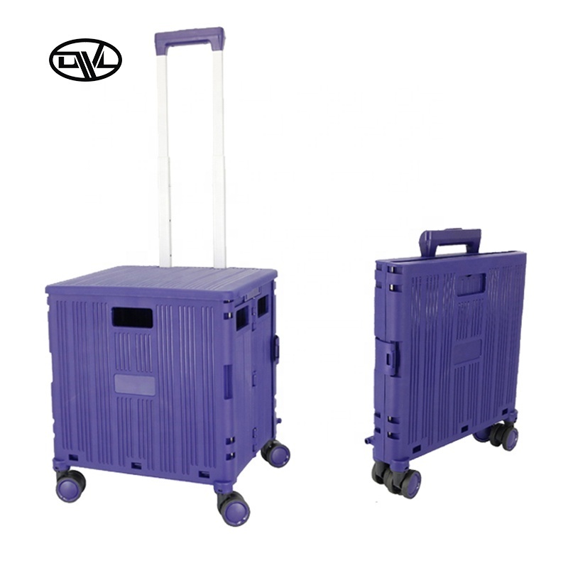 Foldable Utility Cart Folding Portable Rolling Crate Handcart with Durable Heavy Duty Plastic Telescoping Handle