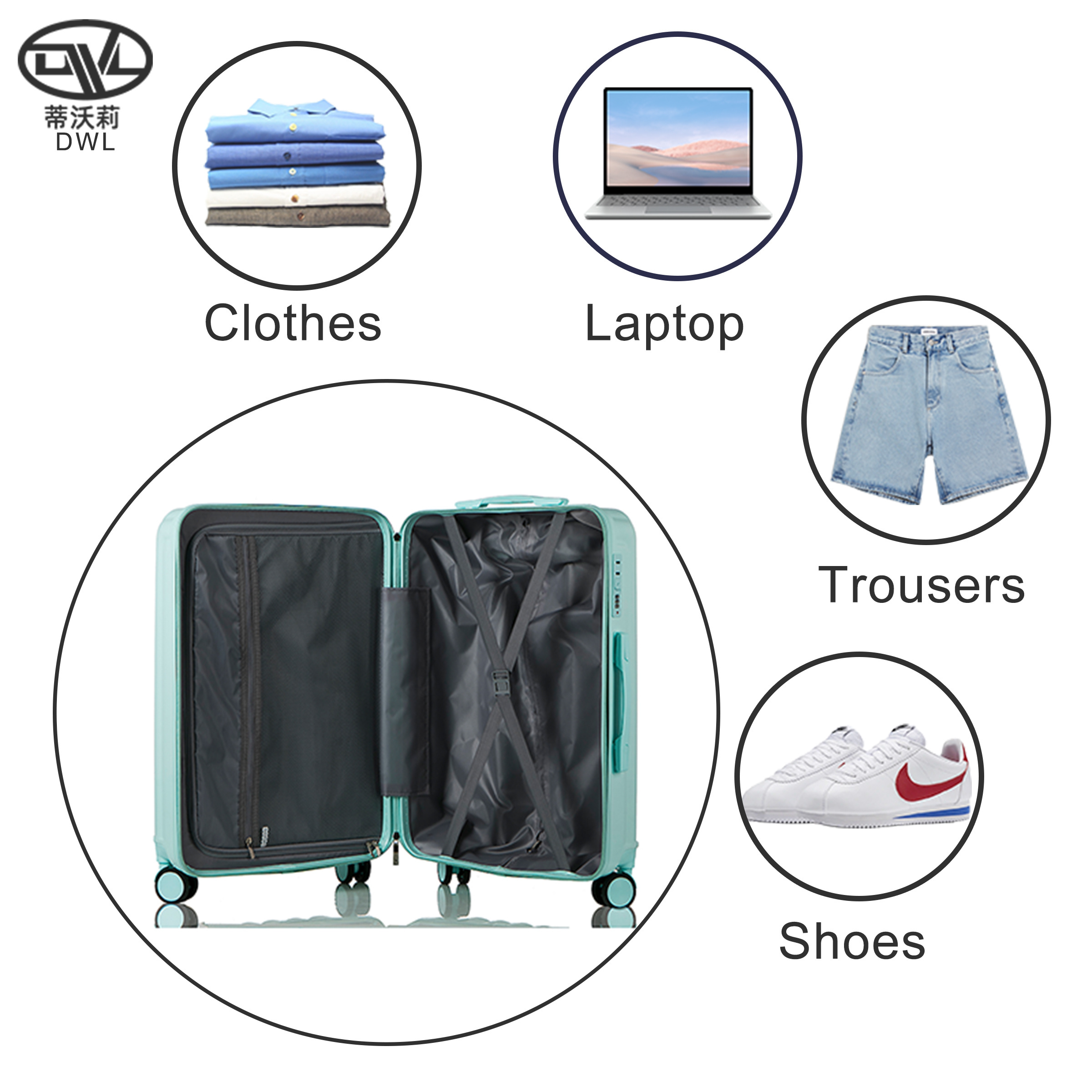 DWL fast shipment candy color luggage sets 4 pcs ABS carry on trolly luggage case luggage bag set for shopping /tour