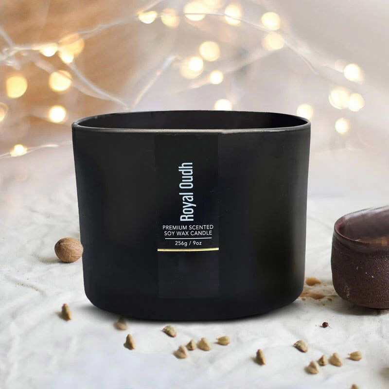 Luxury Private Label Matte Black Aromatherapy Fragrance Bergamot Oudh Sandalwood 3 Wicks Soy Candles Scented For Intense Aroma