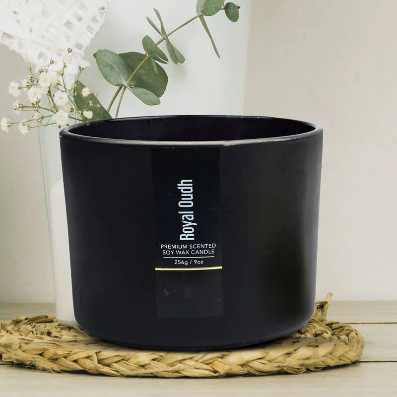 Luxury Private Label Matte Black Aromatherapy Fragrance Bergamot Oudh Sandalwood 3 Wicks Soy Candles Scented For Intense Aroma