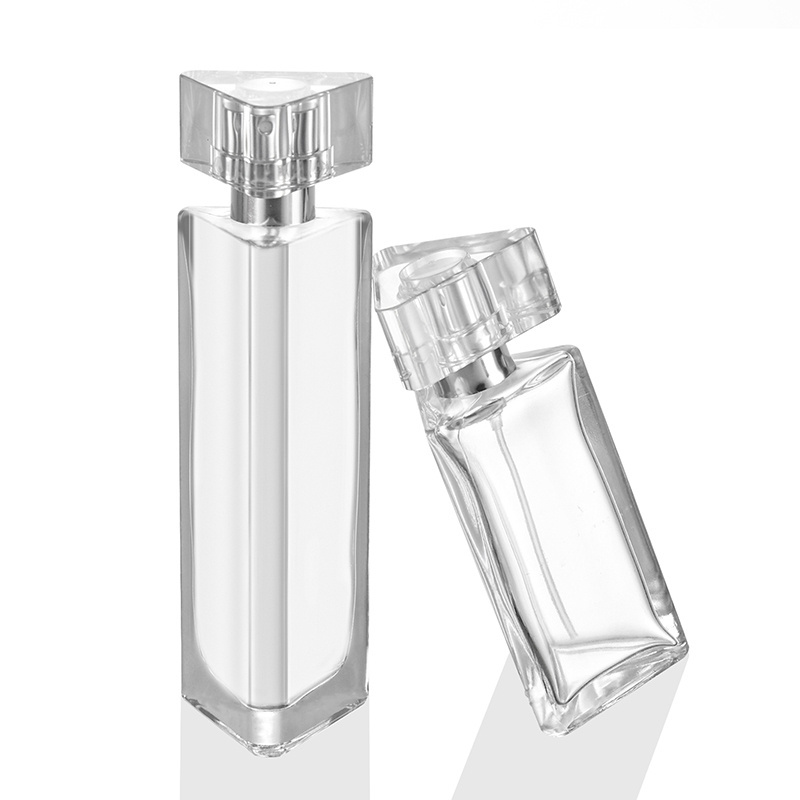 Wholesale Clear Triangle Shape Perfume Bottles 30ml 50ml Empty Glass Perfume Spray Bottle With Paper Tube