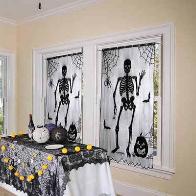 Halloween Skeleton Curtain Halloween Decorations Black Door Panels Covers 40*84inch Halloween Lace Bat Window Curtain