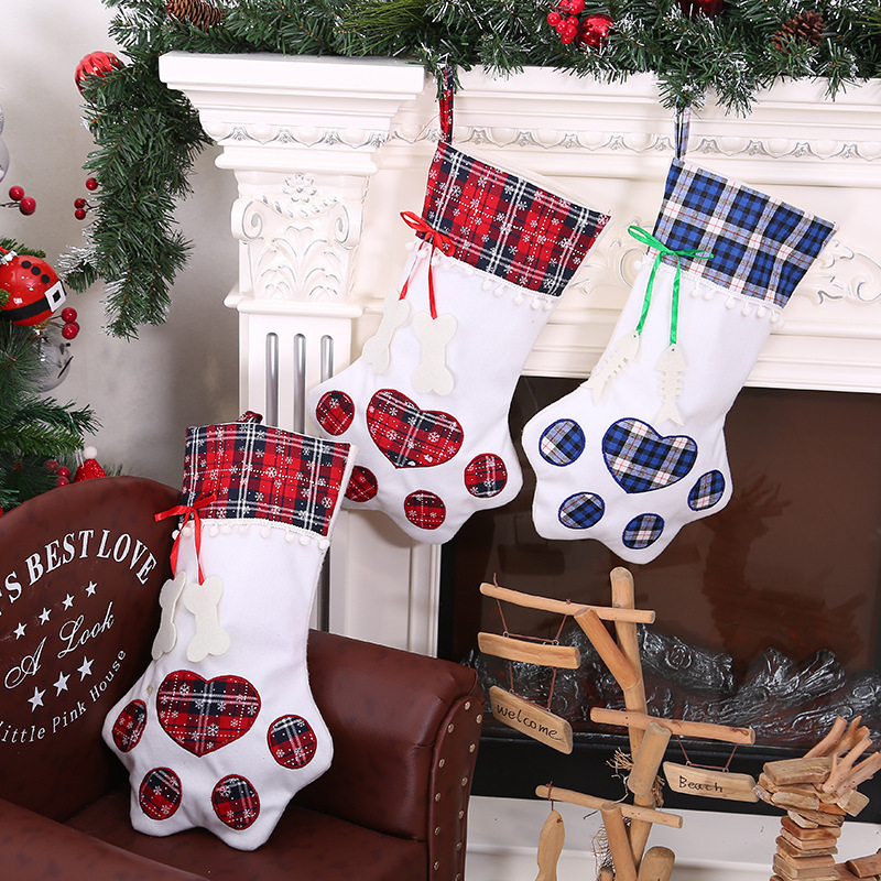 Christmas Stockings Pet Paw Pattern Stockings Fireplace Hanging Ornament Socks Pet Claw Xmas Decoration For Child Gift