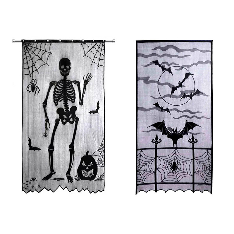 Halloween Skeleton Curtain Halloween Decorations Black Door Panels Covers 40*84inch Halloween Lace Bat Window Curtain