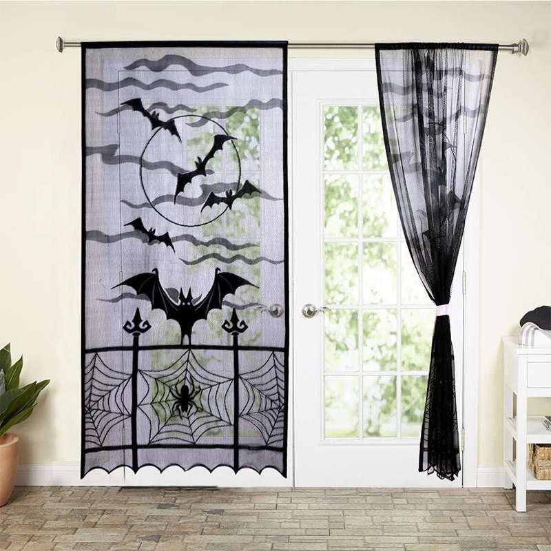 Halloween Skeleton Curtain Halloween Decorations Black Door Panels Covers 40*84inch Halloween Lace Bat Window Curtain