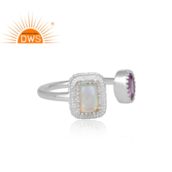 Handmade Ring Jewelry Supplier 925 Sterling Silver Silver Open Woman's Ring Ethiopian Opal And Round Amethyst Gemstone Ring