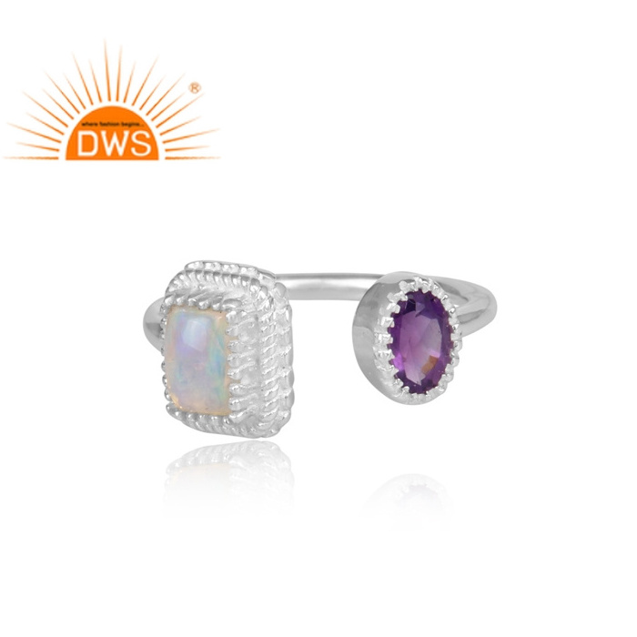 Handmade Ring Jewelry Supplier 925 Sterling Silver Silver Open Woman's Ring Ethiopian Opal And Round Amethyst Gemstone Ring