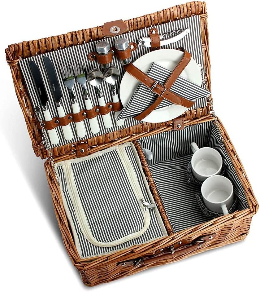 Handmade Large Wicker Picnic Basket Set with Utensils Cutlery - Perfect for Picnic