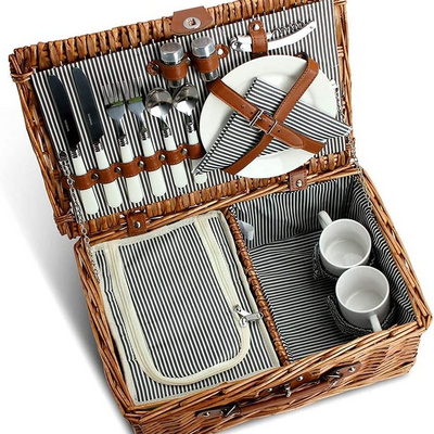 Handmade Large Wicker Picnic Basket Set with Utensils Cutlery - Perfect for Picnic