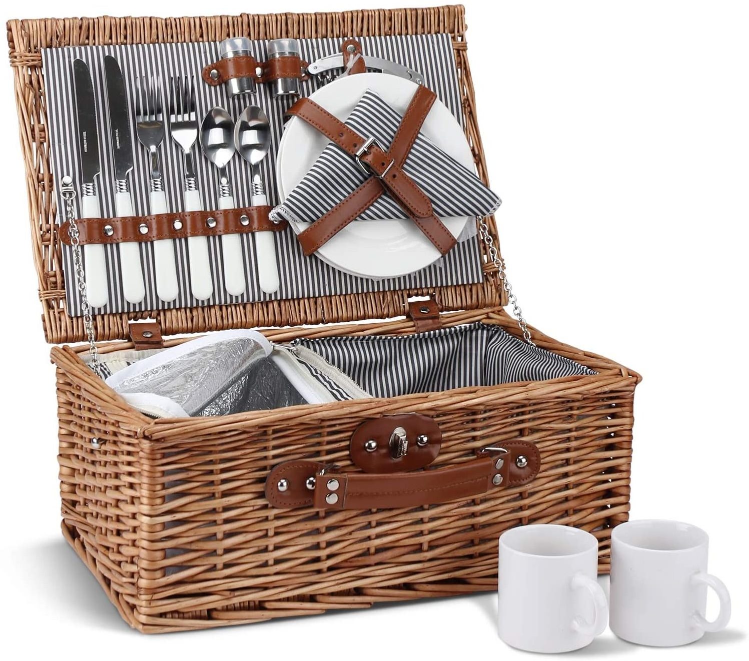 Handmade Large Wicker Picnic Basket Set with Utensils Cutlery - Perfect for Picnic