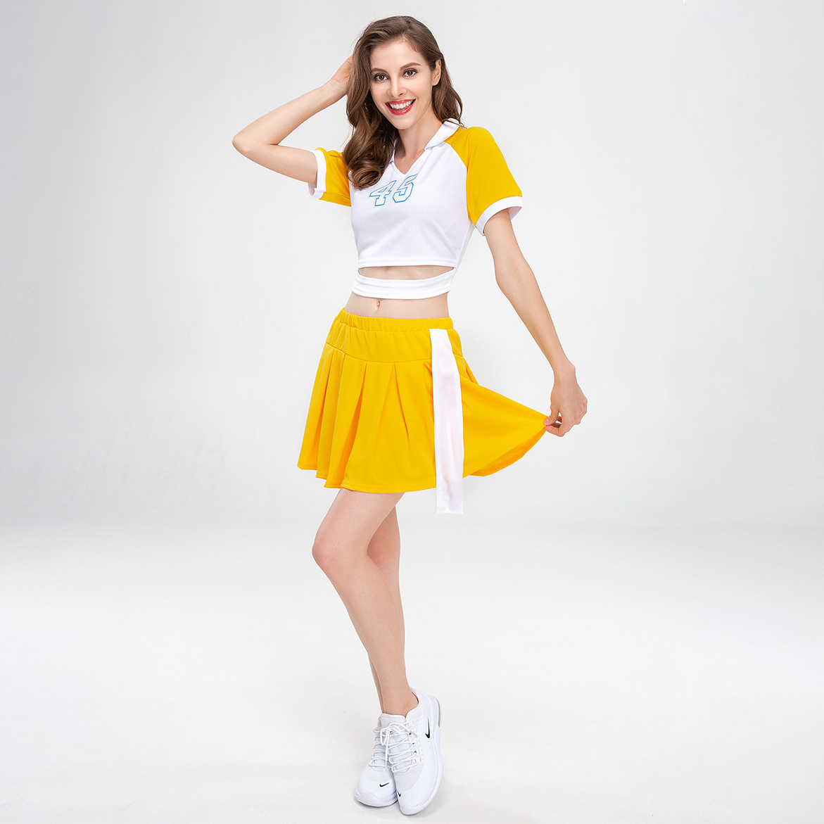 Quick Dry Custom Cheerleading V-Neck and pleated skirt Uniforms Sexy Adult Cheerleader Outfit set