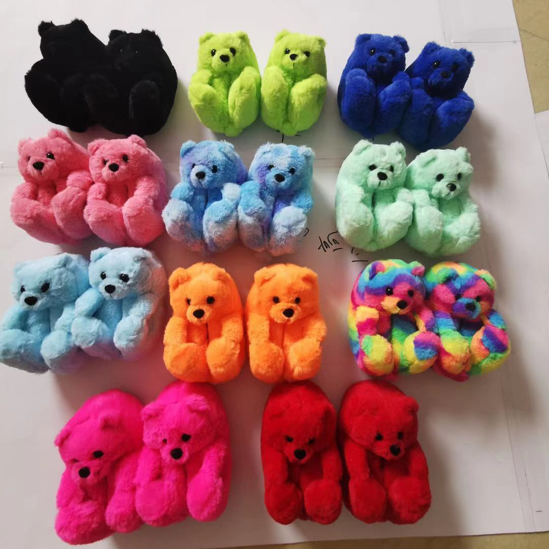 Indoor Warm Slippers Animal Fluffy Furry Fur Fashion Teddy Bear Adult Slides Plush Teddy Bear Slippers Men Ladies