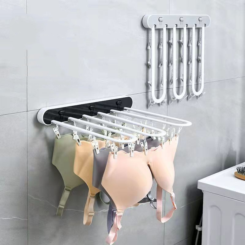 Laundry Closet Foldable Wall Mounted Clothes Drying Rack Bathroom Storage Rack With Clip