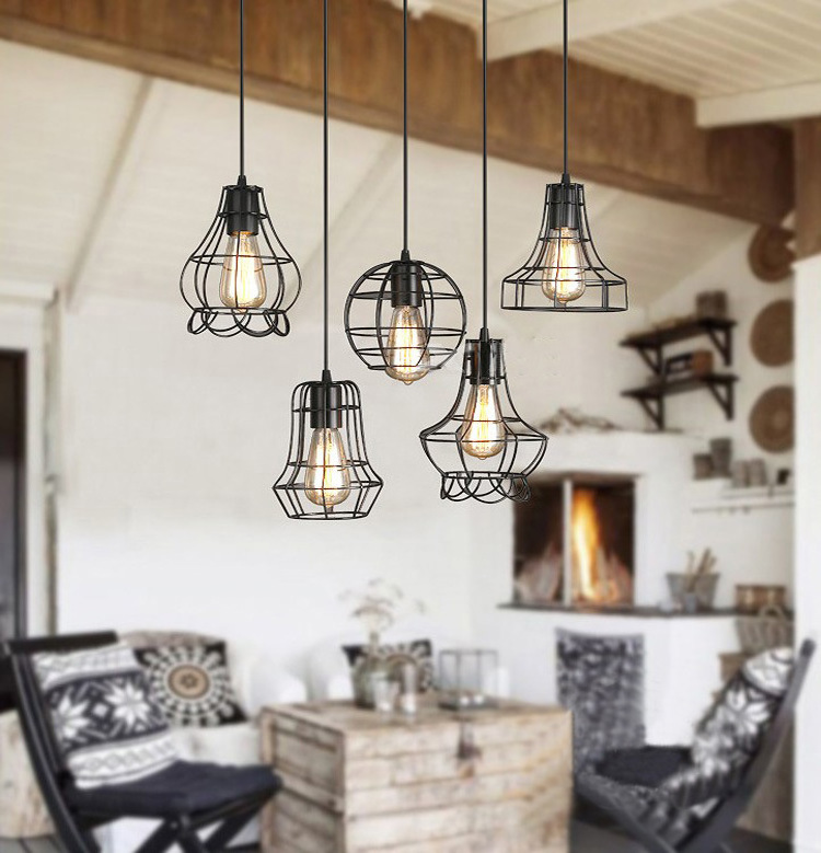 Cheap small American Retro Industrial Style Black Light Fixtures E27 Bulb Holder Pendant Lamp Chandelier