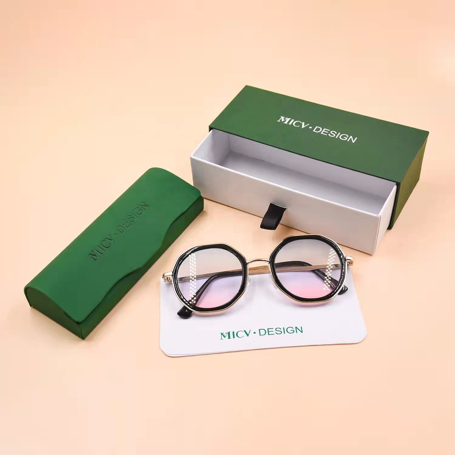 East sunshine PU Leather Custom Logo glasses Case Set Green Handmade Eyewear Case Box eyeglasses  packing case Set