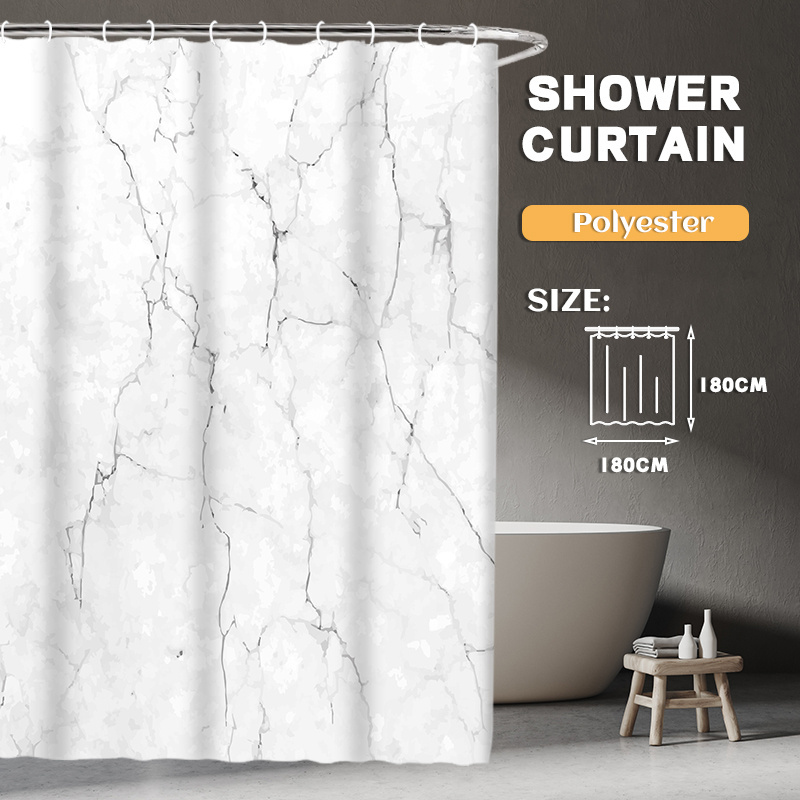 Marble Unique 3D Printing Decorative Reinforced Metal Grommets Grey and White Fabric Shower Curtain with Hooks