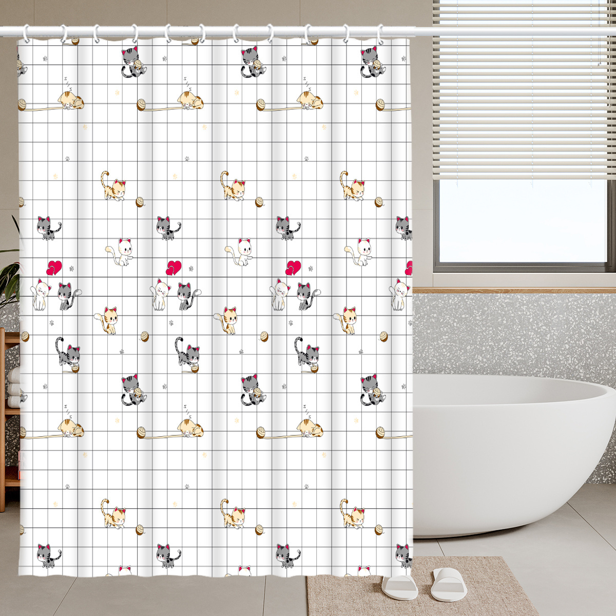 Cute Cat Pattern Printed 100% Polyester Shower Curtain Kids Bathroom Shower Liners For Children With Animals Prints