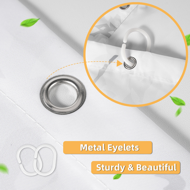 Marble Unique 3D Printing Decorative Reinforced Metal Grommets Grey and White Fabric Shower Curtain with Hooks