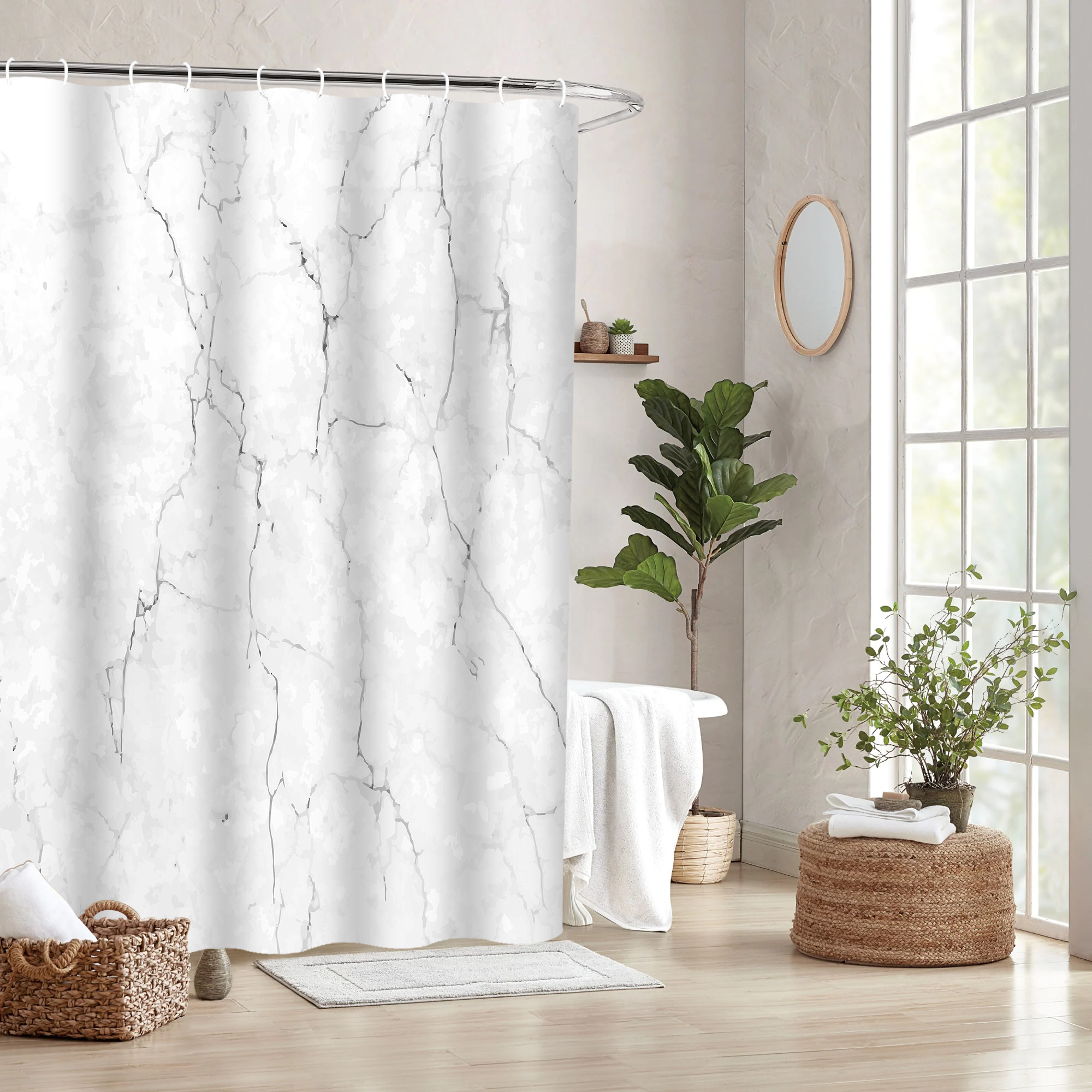 Marble Unique 3D Printing Decorative Reinforced Metal Grommets Grey and White Fabric Shower Curtain with Hooks