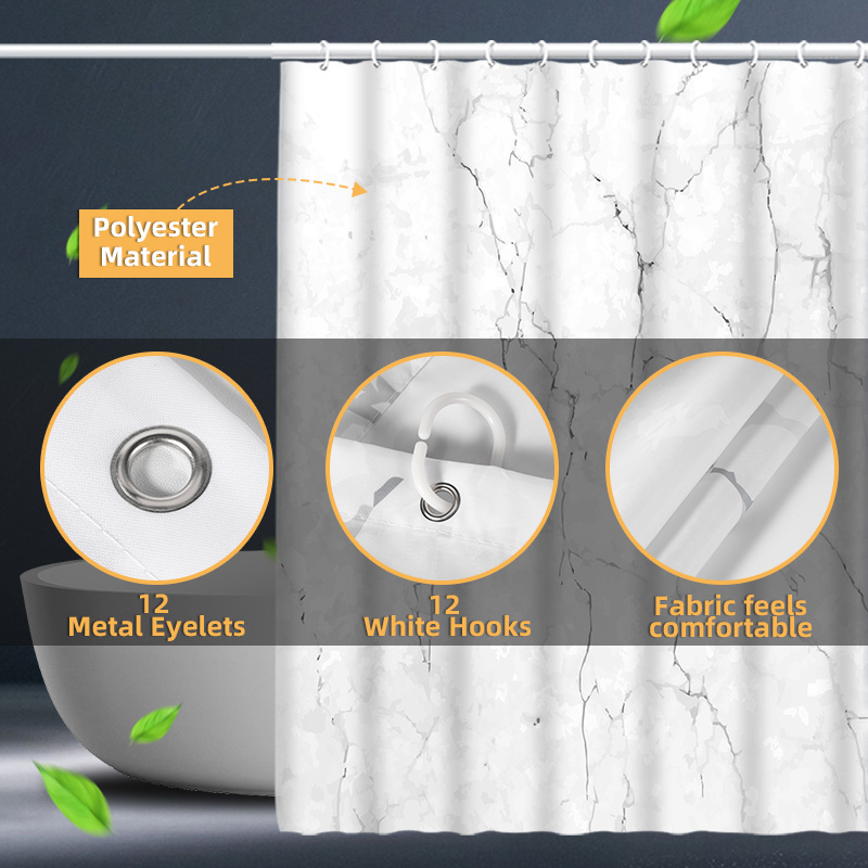 Marble Unique 3D Printing Decorative Reinforced Metal Grommets Grey and White Fabric Shower Curtain with Hooks