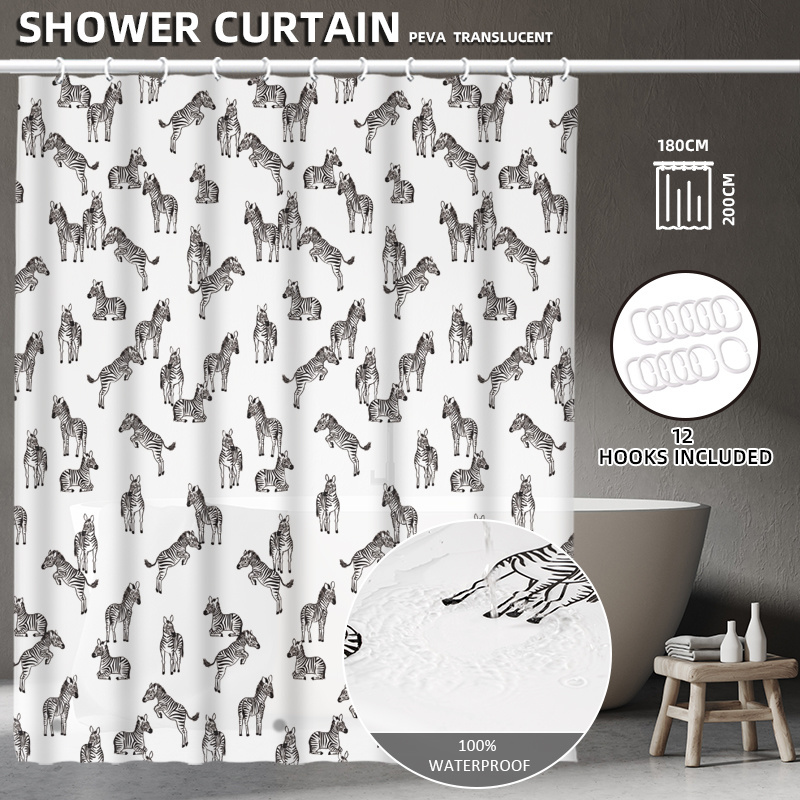 Cute Zebra Pattern Printed Peva Bathroom Decoration Shower Curtain With Animals Prints