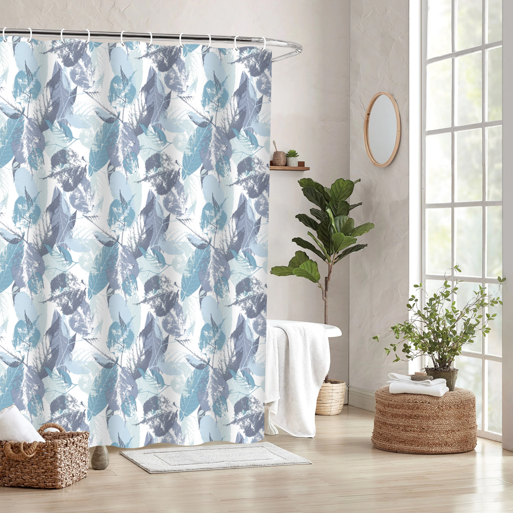 Metallic Print Unique Leaves Mouldproof Shower Curtain Decorative Bathroom Curtains With 12 Hooks