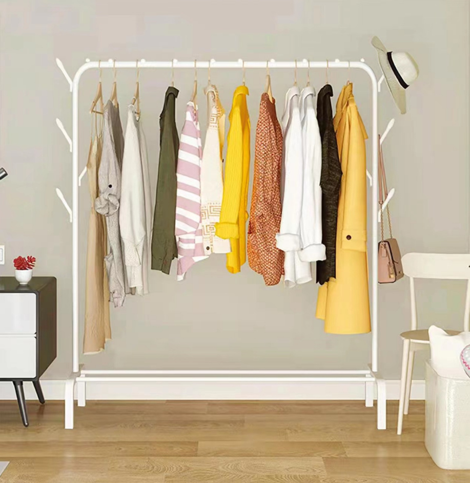 Double Rod Storage Space Hanging Clothes Rack Bedroom Level Roller Coat Rack with Shelves and Side Hooks