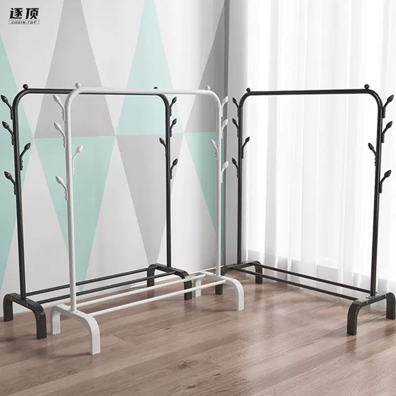 Double Rod Storage Space Hanging Clothes Rack Bedroom Level Roller Coat Rack with Shelves and Side Hooks